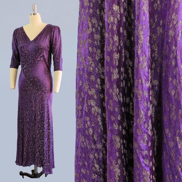 Rare 1920s Dress/ 20s Purple Metallic Lame Dress / 1930s Lamé Gown / Bias Cut Dress 