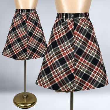 VINTAGE 60s MOD Black and Red Tartan Plaid A-line Mini Skirt 26