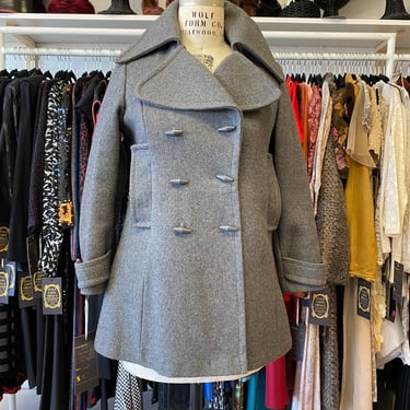 vintage 1970s gray wool double breasted pea coat, mod, med, butterfly collar 