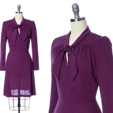 Vintage 1970s Dress | 70s DEADSTOCK with TAGS Eggplant Purple Acrylic Jersey Knit Pussy Bow Long Sleeve Fit and Flare Dress (small) 
