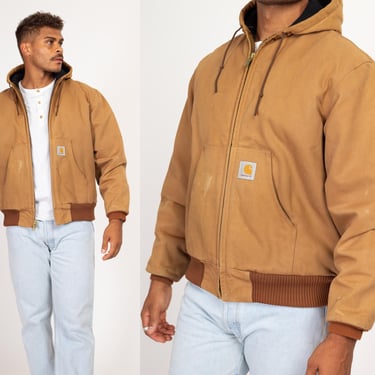 Large 90s Carhartt Tan Hooded Active Jacket | Vintage Union Made In USA Duck Canvas Oversize Workwear Coat 