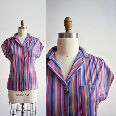 1970s Polyester Pink & Purple Vertical Striped Blouse 