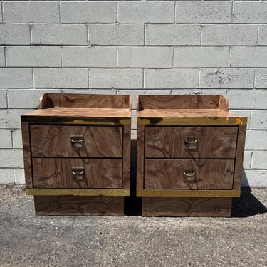 Pair of Post Modern Nightstands Burlwood Veneer Gold Trim Bedside Tables Bedroom Storage Set End Tables 1980s Milo Baughman Style 