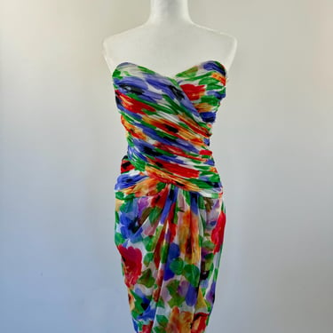 1980s Victor Costa Floral Strapless Dress 