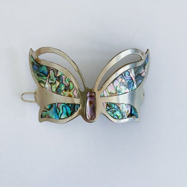 80s/90s Silver Toned Shell Inlay Butterfly Hair Clip Barrette Large 