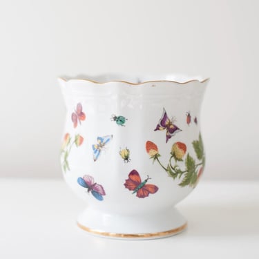 Vintage Painted Strawberry & Butterfly Porcelain Pedestal Planter 