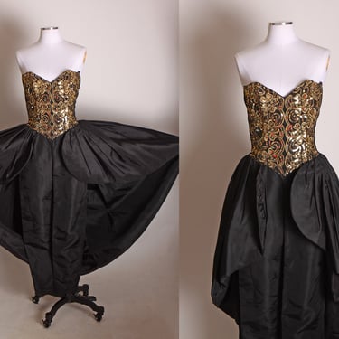 1980s Black and Gold Sequin Strapless Bodice One Piece Formal Cocktail Overskirt Dress Jumpsuit by Jessica McClintock for Gunne Sax -XS 