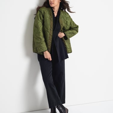 Vintage Green Liner Jacket | Unisex Wavy Quilted Nylon Coat | M | 