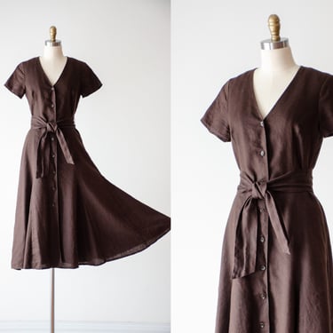 brown linen dress | 90s y2k vintage Talbot's dark chocolate brown short sleeve flowy midi dress 