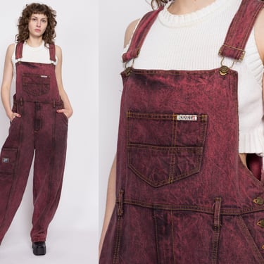 80s Red Acid Wash Denim Overalls - Extra Large | Vintage Dyed Streetwear Dungarees 