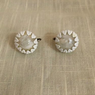 Round White Clip-On Earrings - 1960s 