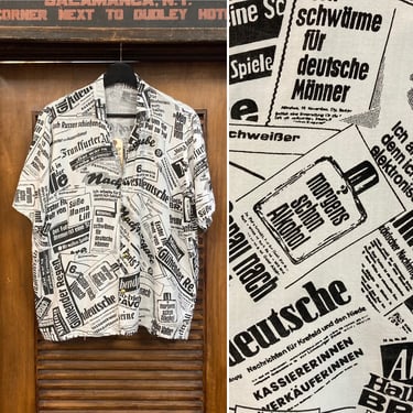 Vintage 1980’s New Wave German Newspaper Print Rayon Shirt Top, 80’s Post Punk, 80’s Camp Collar, Vintage Clothing 