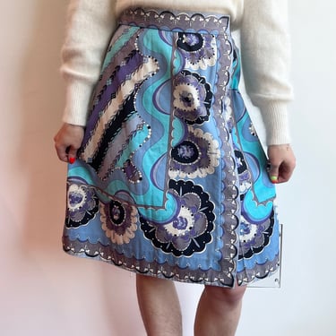70’s Emilio Pucci Psychedelic Leaf Print Cotton Canvas Snap Up Mini Midi Skirt