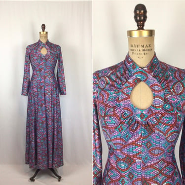 Vintage 70s dress | Vintage blues pinks mosaic print knit dress | 1970s Robert David Morton dress 
