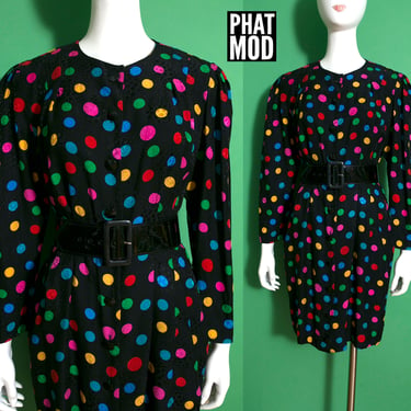 Fabulous Vintage 80s 90s Colorful Polkadot on Black Dress by Adrianna Papell 