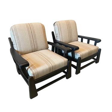 Dark Ash and Linen Pair of Lounge Chairs, Dutch, 1960’s