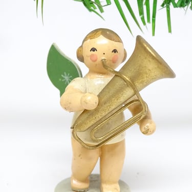 Antique German Erzgebirge Wooden Angel with Wings playing Tuba, Vintage KUHNE  Christmas Toy 