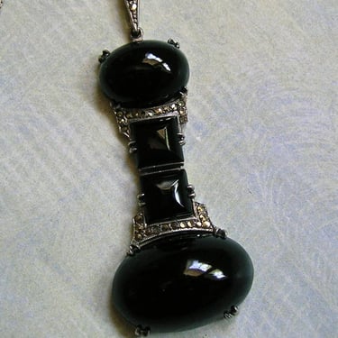 Antique 1920's Wachenheimer Art Deco Sterling Marcasite Onyx Pendant, Sterling Deco Wachenheimer Necklace (#4623) 