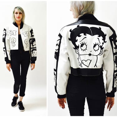 Vintage Black White Betty Boop Leather Jacket Large Vintage Bomber Jacket with Betty Boop Comics Black and White By American Toons 