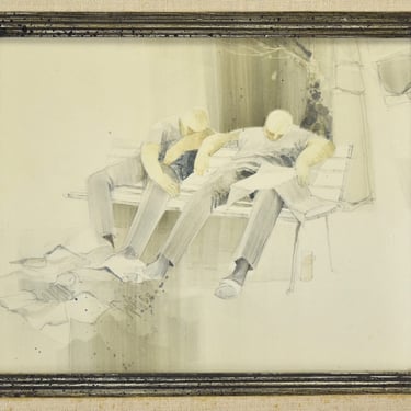 Win Jones sgd Watercolor 2 Men on Lazy Afternoon Reading Newspaper 1960’s 