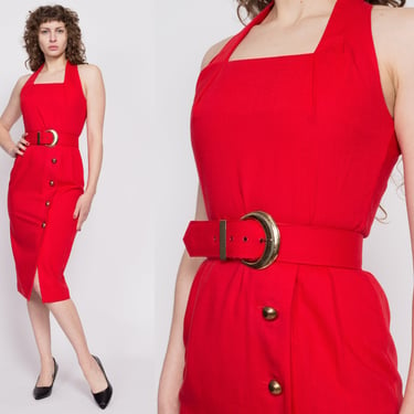 80s 90s Red Belted Sheath Dress - Small | Vintage Linen Blend Halter Neck Fitted Midi Dress 