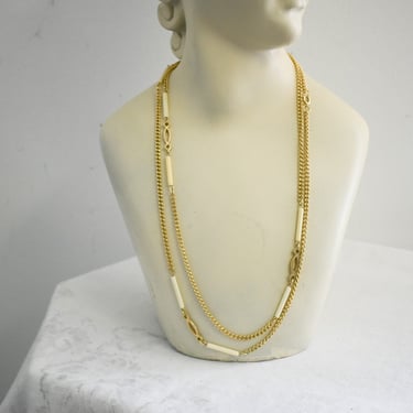 1970s Long Gold Chain Necklace with Cream Plastic Tubes 