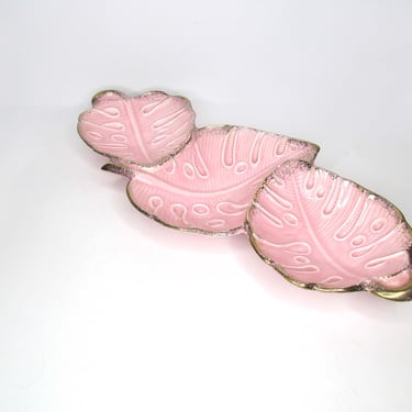 Beautiful Vintage California Originals Pink and Gold Monstera Leaf Tray Mid Century Calif Pottery 