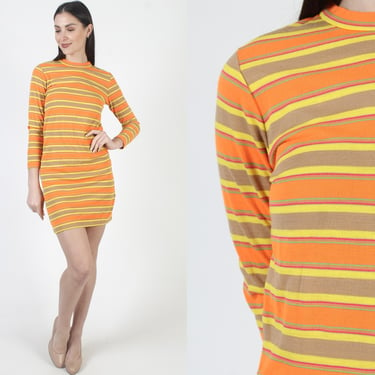 60s Neon Striped Dress, Mod Go Go Micro Mini, Vintage Horizontal Lined Jersey 