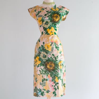 Gorgeous 1950's Silk Watercolor Floral Cocktail Dress By Parnes Feinstein / Small