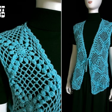 Nice Vintage 70s Turquoise Blue Metallic Crochet Vest 