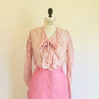 Vintage 1940's Pink Silk Lace Blouse Top Neck Bow Long Sleeves Formal Dressy Spring Summer WW2 Era Size Medium 