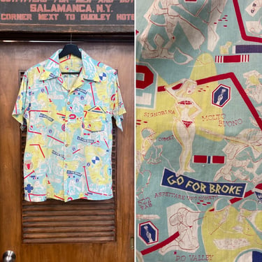 Vintage 1950’s “Go for Broke” 442nd RCT Cartoon Military Cotton Hawaiian Shirt, Super Rare, Original, 50’s Vintage Clothing 