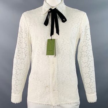 GUCCI by ALESSANDRO MICHELE Size L White Macrame Lace Cotton Blend Bow Long Sleeve Shirt