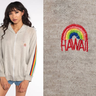 Hawaii Rainbow Hoodie Sweatshirt 80s Sweatshirt Distressed Zip Up Grey Hooded Sweatshirt Thin Worn Slouchy Hood Track Jacket 1980s Large 