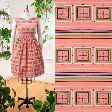 Vintage 1950s Sundress | 50s Atomic Striped Novelty Print Pink Cotton Fit and Flare Summer Day Dress | small 