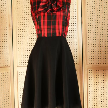 Vintage 1960s Red Plaid Bow-Tie Dress with Black A-Line Skirt 