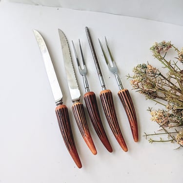 Rippledge Armack Stainless Sheffield England Carving Set/E. Parker & Sons/Faux Antler Bakelite Handle/MCM 1960/ Boho Rustic Cabin Lodge 