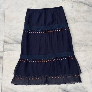 Vintage Spenser Jeremy Skirt Silk Navy Blue Midi Broomstick Sequin Boho Fairy Womens 10 