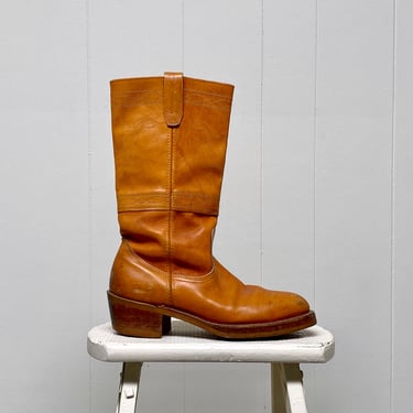 Vintage 1980s Russet Leather Campus Boots w/ Longhorn Stitching, ANSI Rated Work Boots, Unisex US Sizes Men 6.5 / Women 8 