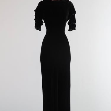 Sublime 1930's Black Silk Velvet Cut Evening Gown With Ruffled Sleeves / Small