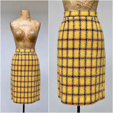Vintage 1980s Yellow Plaid Pencil Skirt, 80s Wool Bouclé Skirt by Evan-Picone for Saks Fifth Avenue, Small 26" Waist 