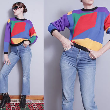Vintage 1980's/1990's | Bright | Colorful | Colorblock | Cropped | Pullover | Wool Blend | Sweater | M 