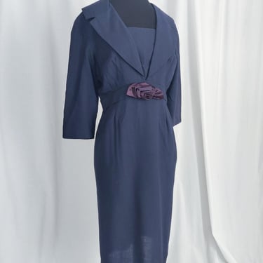 Vintage 50s 60s Blue Navy Pencil Dress with Large Collar // Size S 