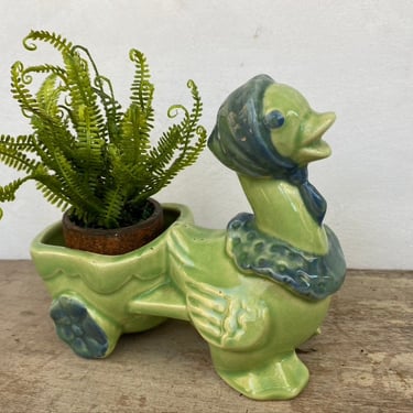 Vintage Shawnee Duck Planter, Anthropomorphic Duck Pulling Wagon, Green And Blue, Spring Time, Easter Decor, Air Planter, Nursery 