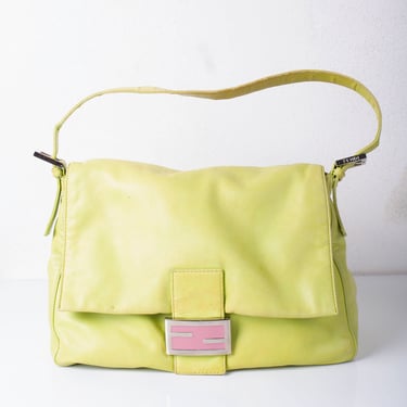 Vintage Fendi Zucca Lime Green Leather Mamma Baguette with Pink Details FF Zucca Bag Shoulder Bag Purse Chartreuse Slime 