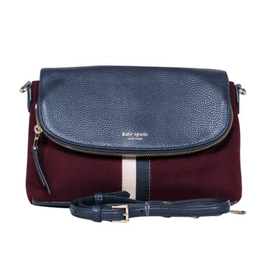 Kate Spade - Navy Leather & Marron Wool Crossbody Bag w/ Stripe