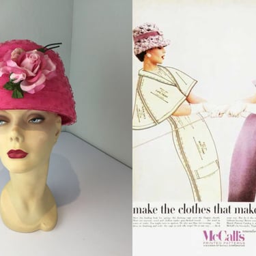 Quick as a Pink Wink - Vintage 1950s 1960s Bright Pink Mesh Bucket Cloche Lampshade Hat w/Large Rose 