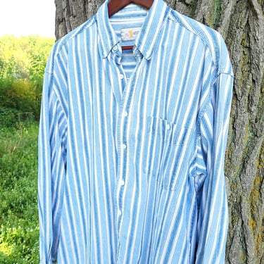 Vintage 1990's Denim Blue Striped Hickory Button Down Shirt / L to XL 