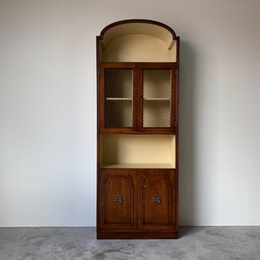 1970’s Hollywood Regency Style Walnut Display Cabinet with Brass Pulls 