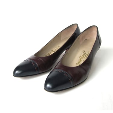 Women's Salvatore Ferragamo Pumps, Two Tone Leather Shoes, Oxblood Brown & Dark Navy Blue Wing Tips, Italian Leather Shoes / Size 8AA Narrow 